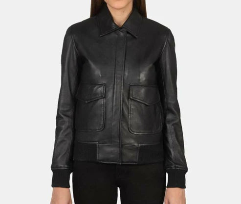 A-2 Women Black Leather Bomber Jacket