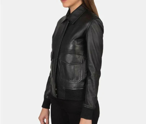 A-2 Women Black Leather Bomber Jacket