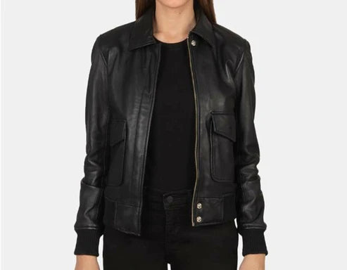 A-2 Women Black Leather Bomber Jacket