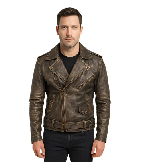 Allaric Alley Distressed Brown Leather Biker Jacket
