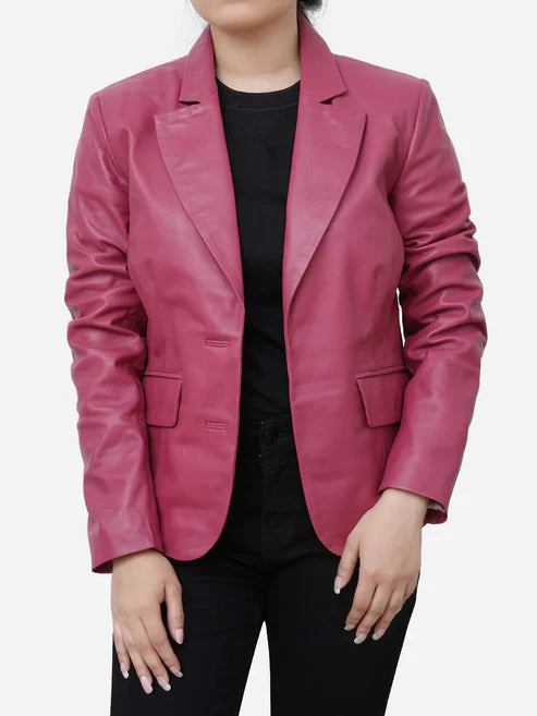 Zoey Casual Leather Barbie Pink Blazer 1