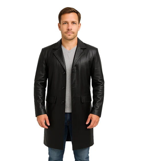 Men’s Cowhide Black Long Leather Coat