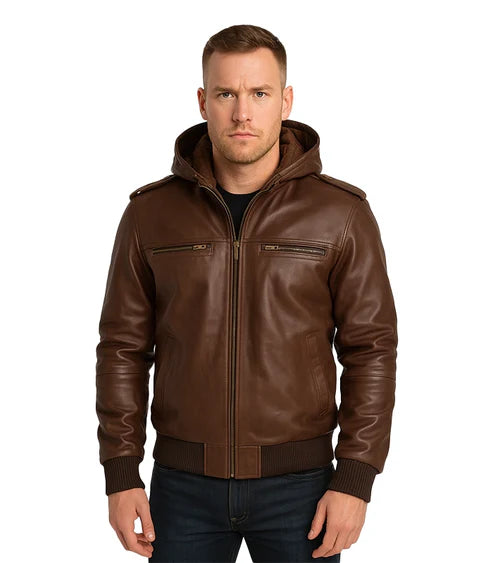 Bouncer Biz Brown Leather Bomber Jacket