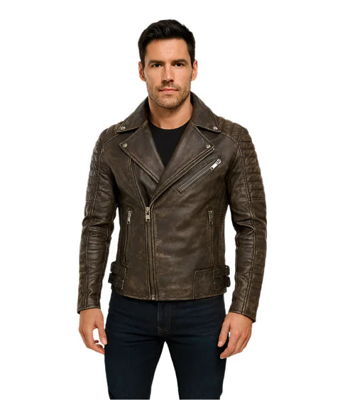 Distressed Brown Leather Biker Jacket