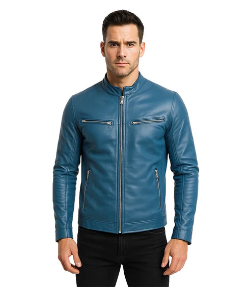Men's Ionic Blue Biker Leather Jacket