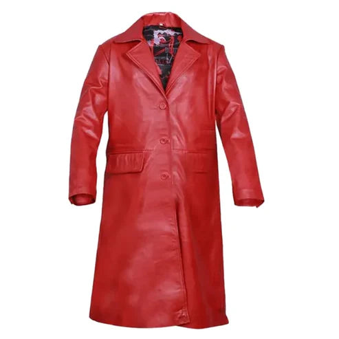 MJ Red Leather Trench Coat For Women's