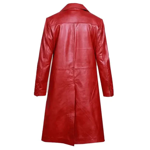 MJ Red Leather Trench Coat For Women's 2