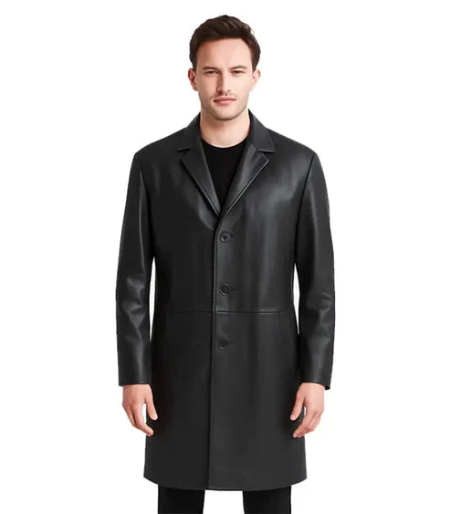 Mateo Black Single Breasted Leather Coat