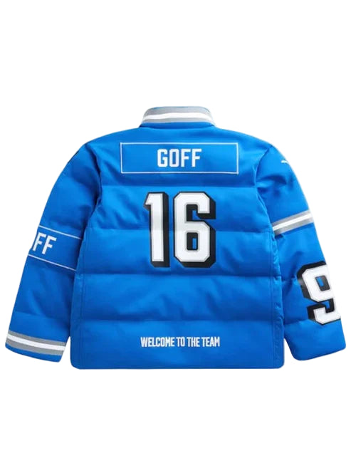 Off Season Jared Goff Detroit Lions Blue Puffer Jacket