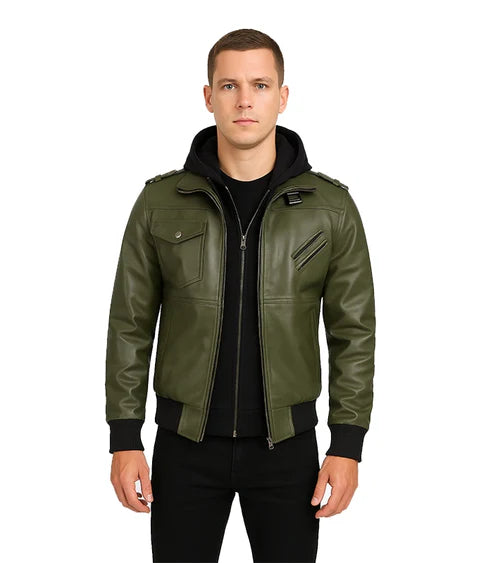 Olive Green Bomber Leather Jacket With Hood
