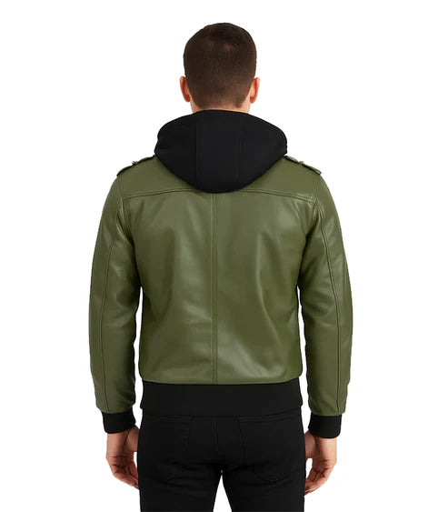 Olive Green Bomber Leather Jacket With Hood