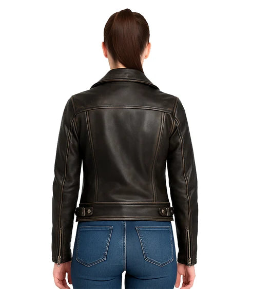 Rumy Distressed Brown Leather Biker Jacket