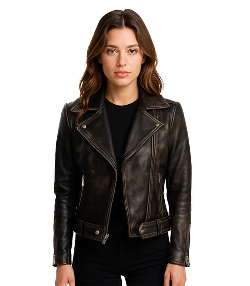 Rumy Distressed Brown Leather Biker Jacket