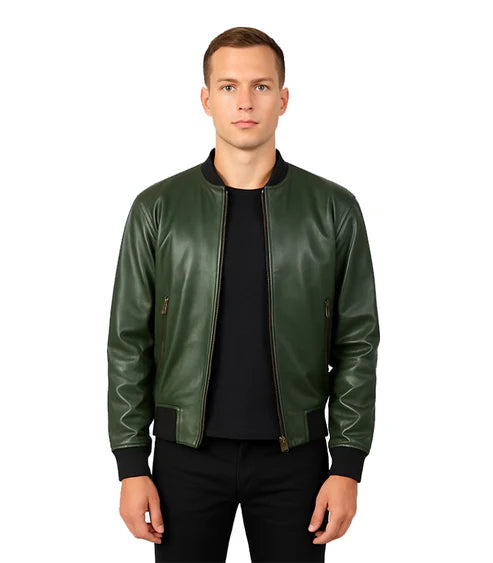 Shane Green Leather Bomber Jacket For Men's