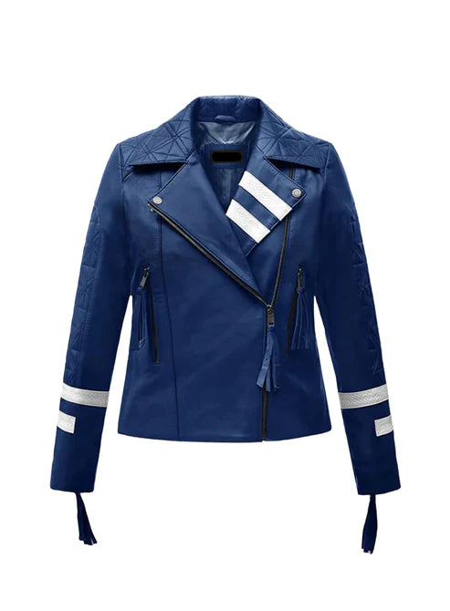 Stylish Blue Leather Biker Jacket with White Stripes