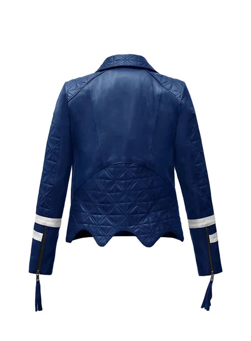 Stylish Blue Leather Biker Jacket with White Stripes