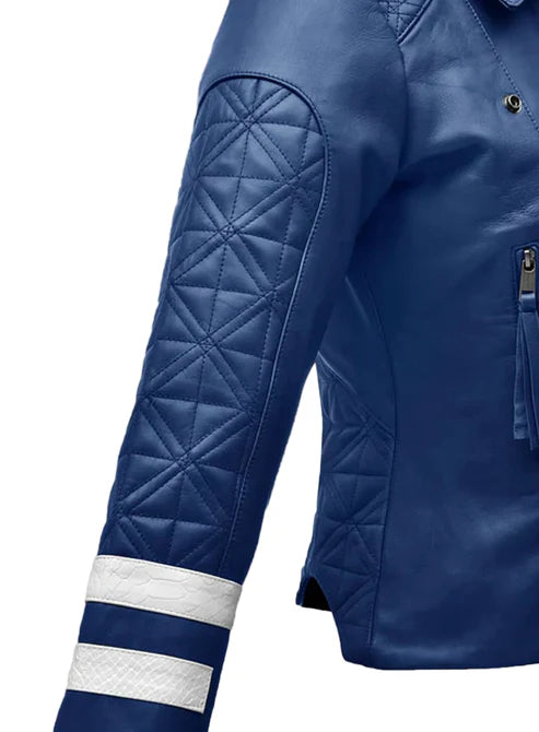 Stylish Blue Leather Biker Jacket with White Stripes