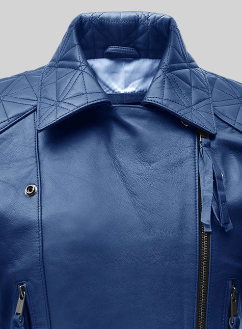 Stylish Blue Leather Biker Jacket with White Stripes