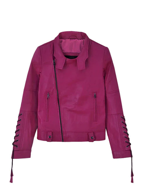 Trendy Pink Leather Jacket with Lace-Up Sleeve Detailing