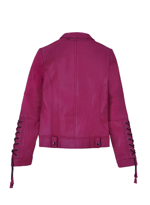 Trendy Pink Leather Jacket with Lace-Up Sleeve Detailing