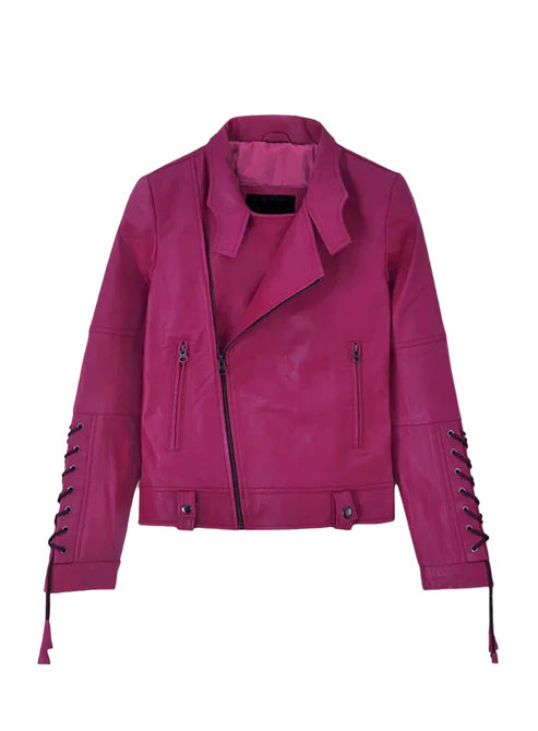 Trendy Pink Leather Jacket with Lace-Up Sleeve Detailing