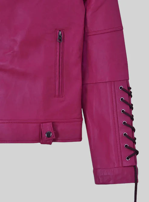 Trendy Pink Leather Jacket with Lace-Up Sleeve Detailing