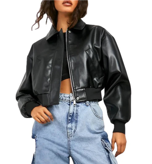 Verona Black Oversized Leather Bomber Jacket
