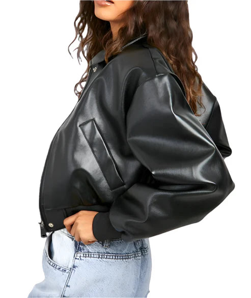 Verona Black Oversized Leather Bomber Jacket