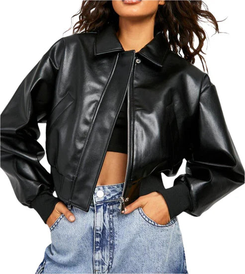 Verona Black Oversized Leather Bomber Jacket