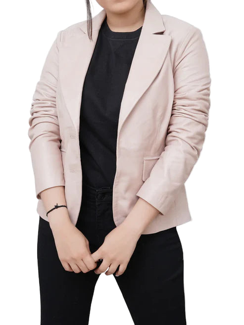 Sophie Genuine Leather Slim Fit Light Pink Blazer