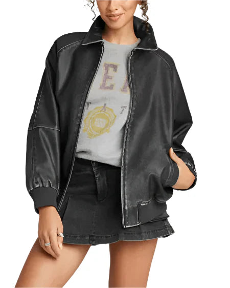 Black Distressed Bomber Leather Jacket Women's