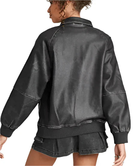 Black Distressed Bomber Leather Jacket Women's 2

