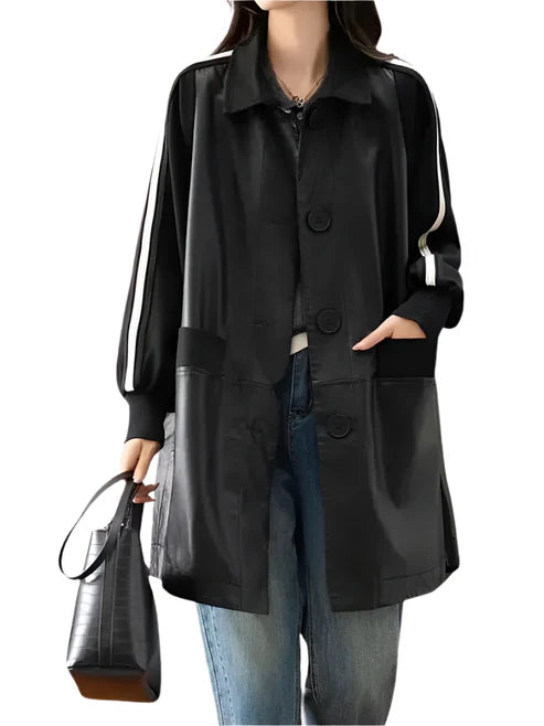 Women's Retro Black Leather Ribbed Cuffs Long Coat