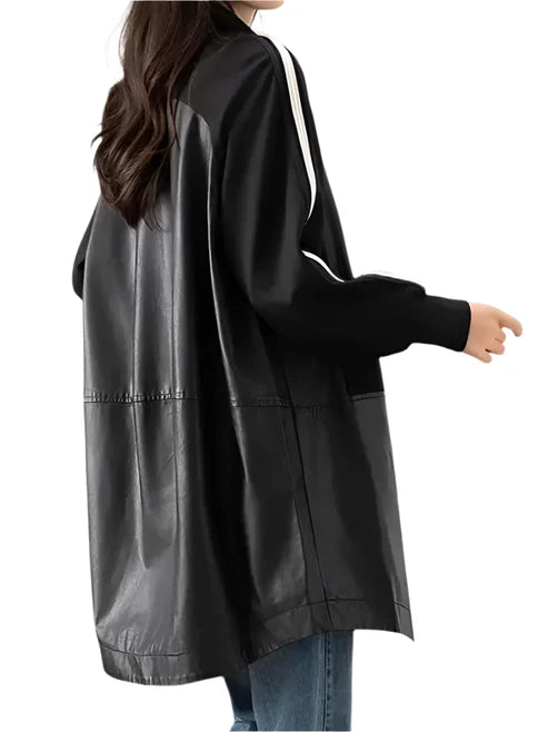 Women's Retro Black Leather Ribbed Cuffs Long Coat