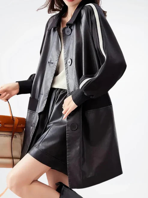 Women's Retro Black Leather Ribbed Cuffs Long Coat