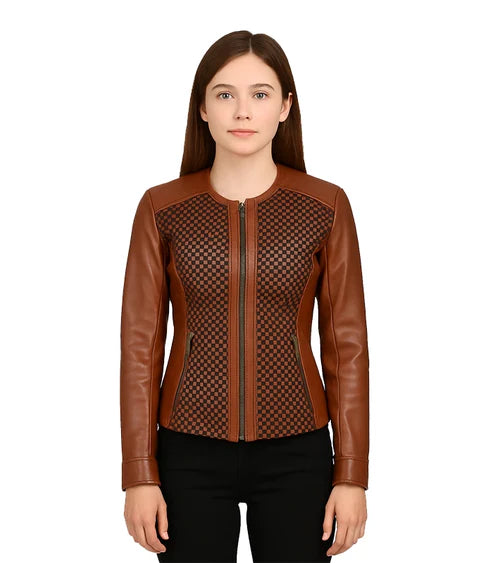 Women's Brown Textured Leather Biker Jacket