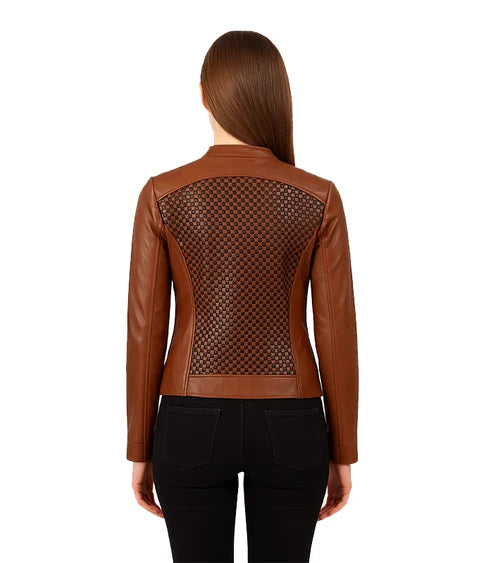 Women's Brown Textured Leather Biker Jacket