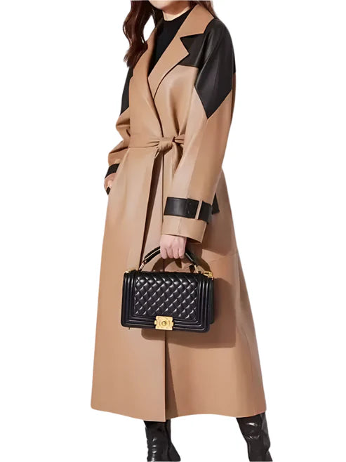 Women's Brown Genuine Leather Open Style Long Coat