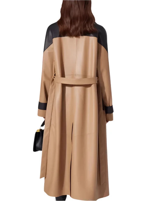 Women's Brown Genuine Leather Open Style Long Coat