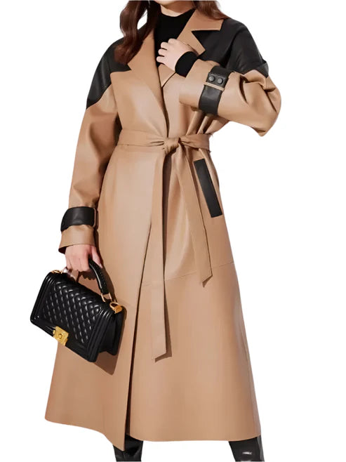 Women's Brown Genuine Leather Open Style Long Coat