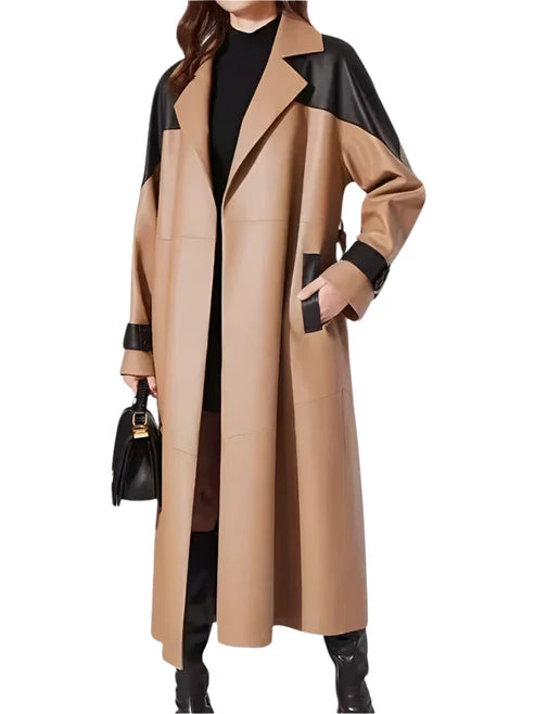 Women's Brown Genuine Leather Open Style Long Coat